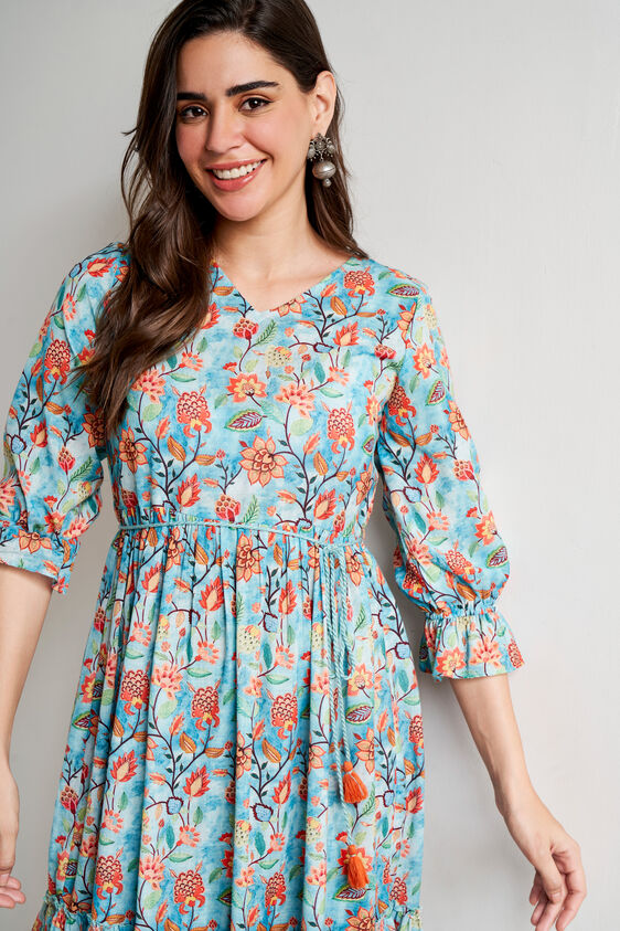 Blue Floral Flared Dress, Blue, image 4